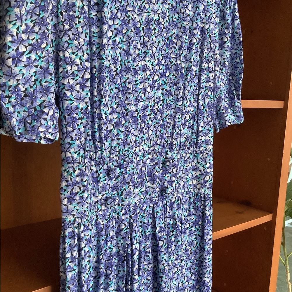 VTG 80s Karin Stevens Blue Floral Midi Dress Size 8 | Prairie Secretary Dress - Picture 7 of 14
